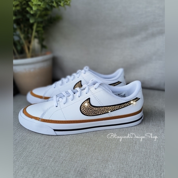 Women's Bling Nike Court Legacy White Sneakers made with Crystals Custom - Picture 4 of 10